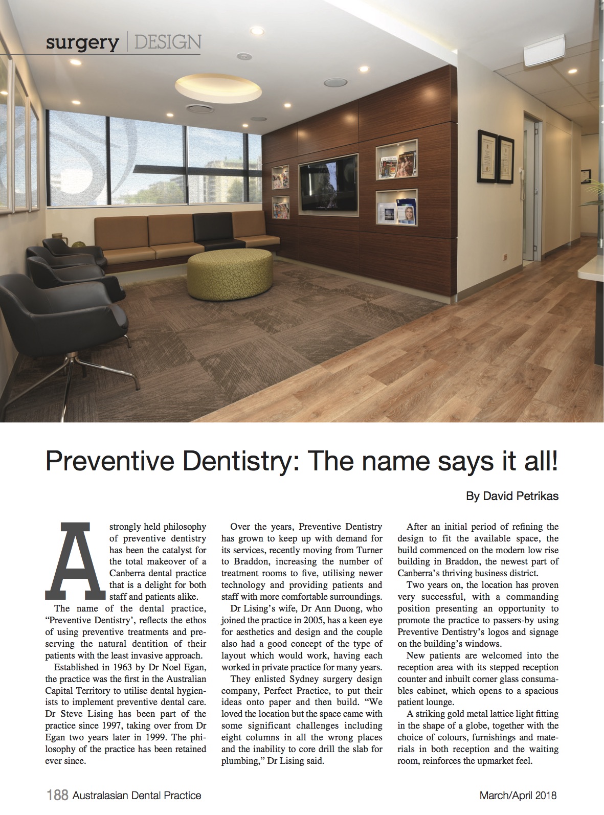 Page 1 of article featuring Preventive Dentistry in Australiasian Dental Practice magazine, April 2018