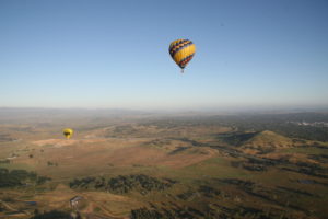 Two balloons in flight against the Canberra skyline